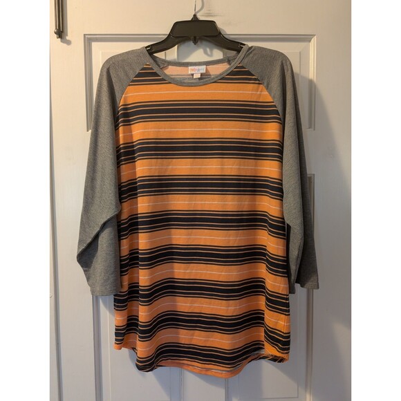 LuLaRoe 3XL Orange Black Stripe Raglan Baseball Tee Shirt Gray Sleeves Women’s - Picture 2 of 10